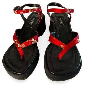 Red Satin Cherry Blossom Platform Sandals – Size 7.5